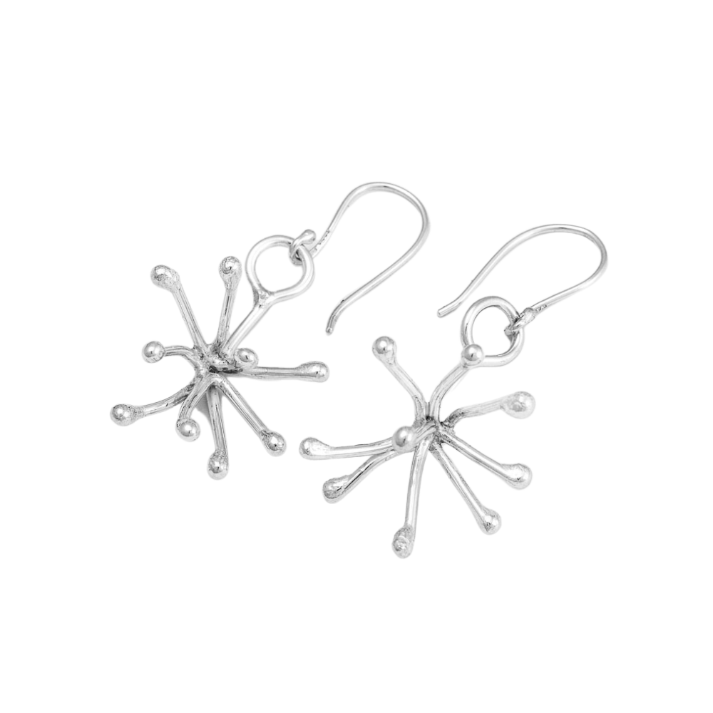 Novemberblommans handsmidda hängande örhängen i silver – produktbild
