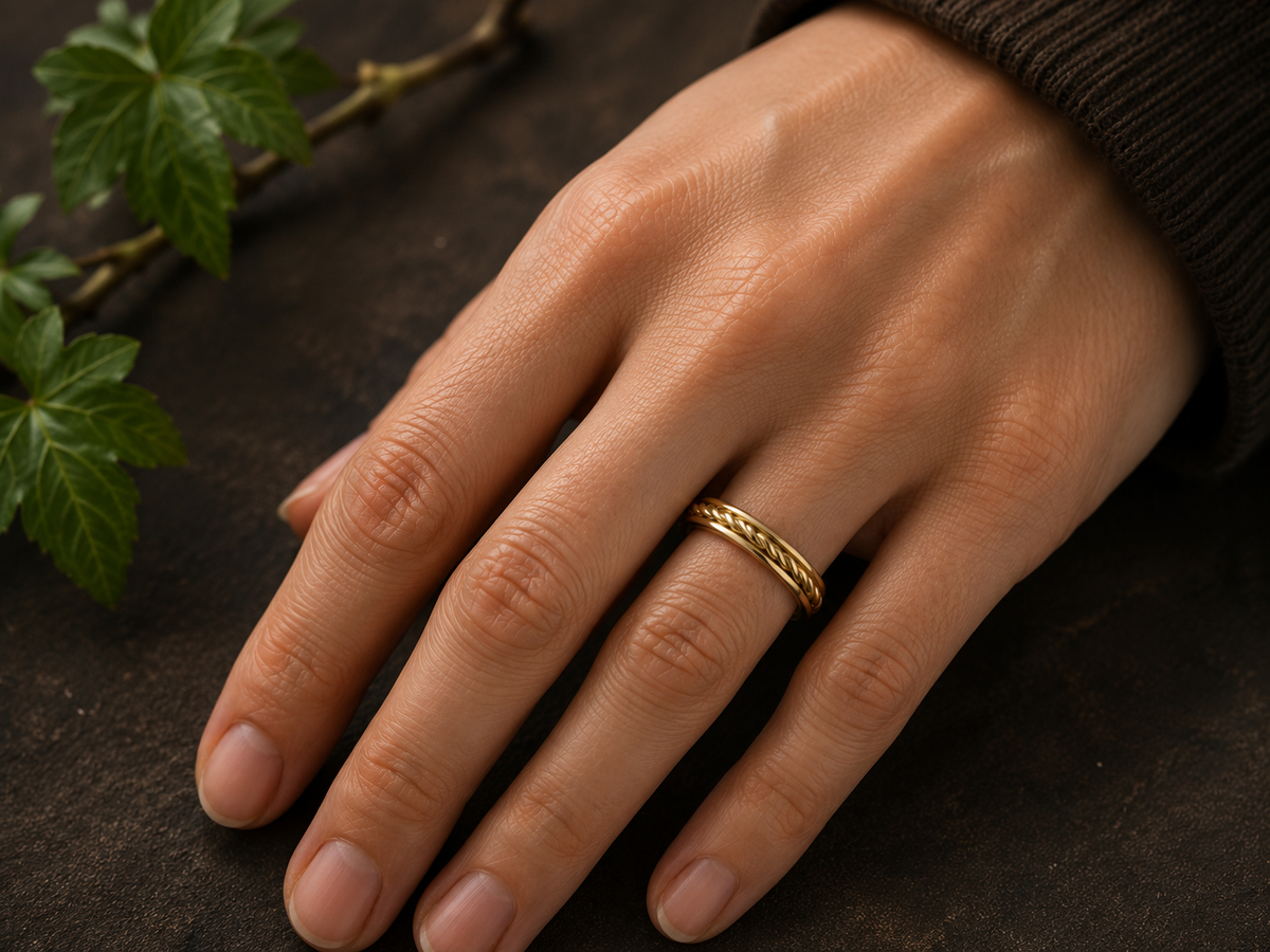 Handsmidd randig ring i 18k rödguld buren på ringfingret